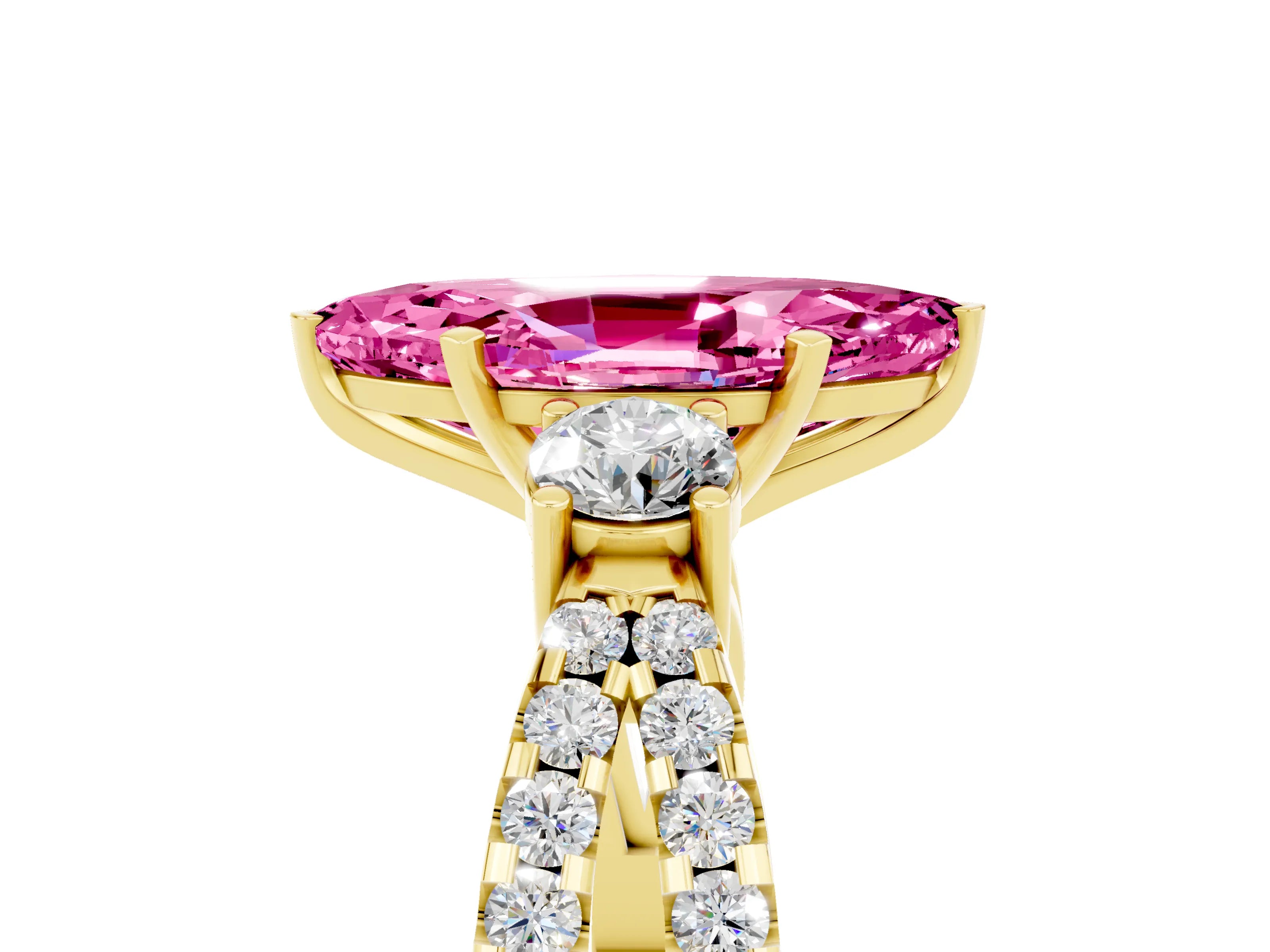 Yellow gold Marquise Cut Pink Sapphire Three-Stone Ring with Pavé Split Shank and Four-Prong Setting_41