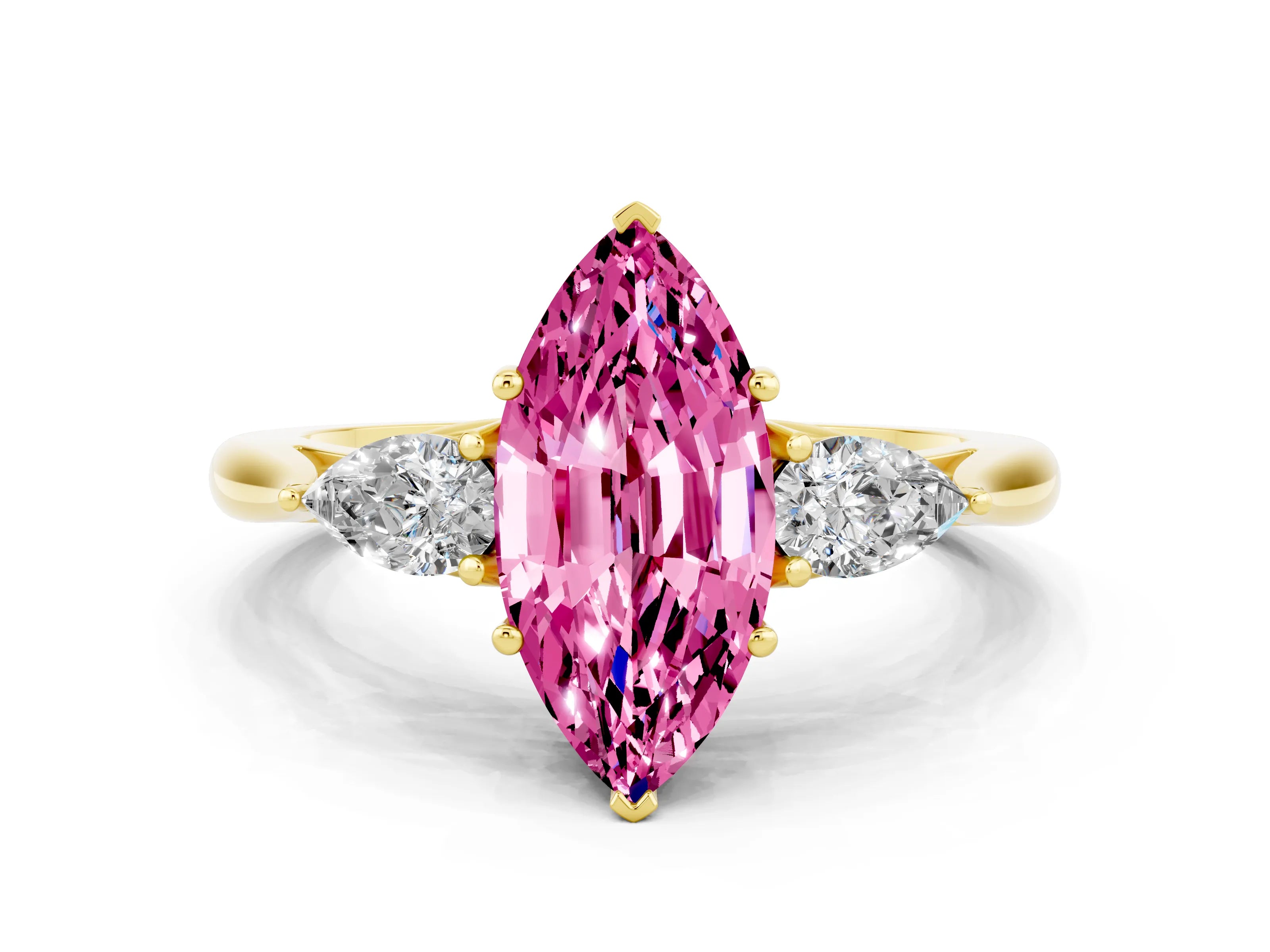 Yellow gold Marquise Cut Pink Sapphire Three-Stone Ring with Pear Side Stones and Four-Prong Setting_12