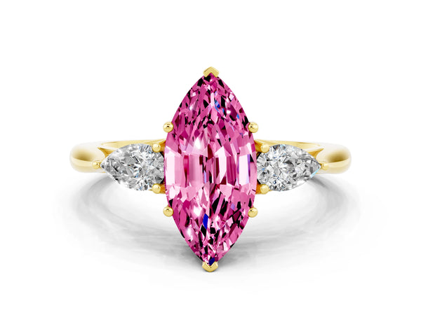Yellow gold Marquise Cut Pink Sapphire Three-Stone Ring with Pear  Side Stones and Prong Setting