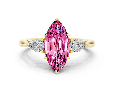 Yellow gold Marquise Cut Pink Sapphire Three-Stone Ring with Pear Side Stones and Four-Prong Setting_12