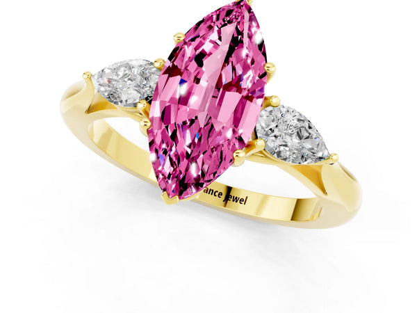 Yellow gold Marquise Cut Pink Sapphire Three-Stone Ring with Pear  Side Stones and Prong Setting