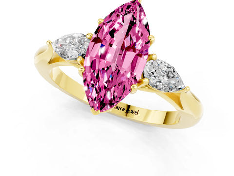 Yellow gold Marquise Cut Pink Sapphire Three-Stone Ring with Pear Side Stones and Four-Prong Setting_13