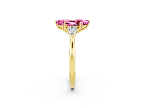 Yellow gold Marquise Cut Pink Sapphire Three-Stone Ring with Pear Side Stones and Four-Prong Setting_14