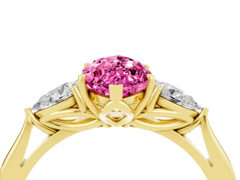 Yellow gold Marquise Cut Pink Sapphire Three-Stone Ring with Pear Side Stones and Four-Prong Setting_16