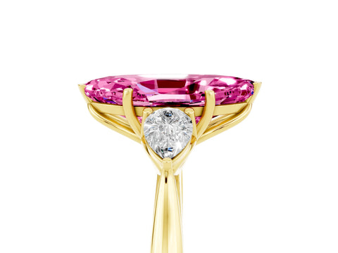 Yellow gold Marquise Cut Pink Sapphire Three-Stone Ring with Pear Side Stones and Four-Prong Setting_17