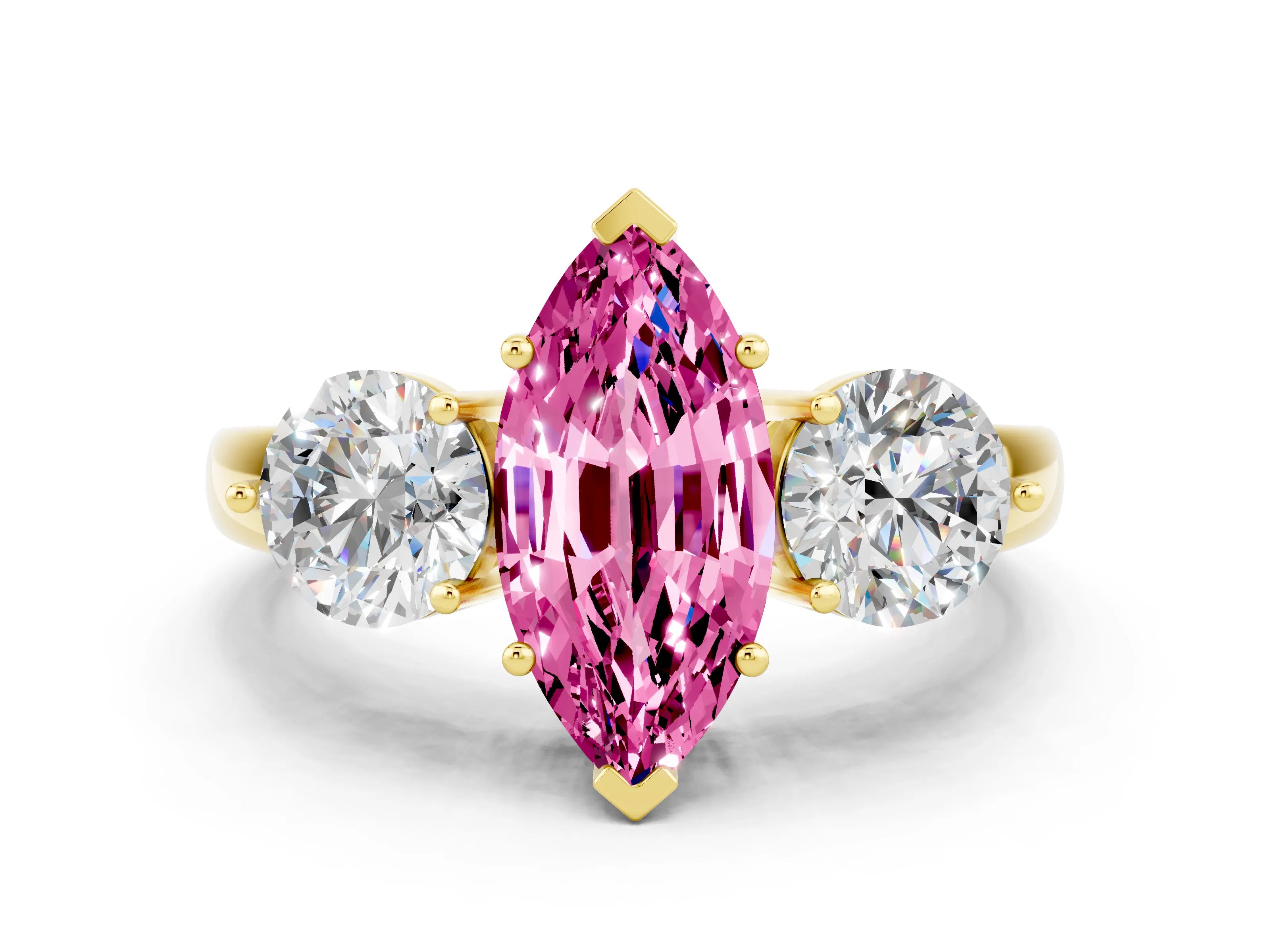 Yellow gold Marquise Cut Pink Sapphire Three-Stone Ring with Prong Setting and Classic Band