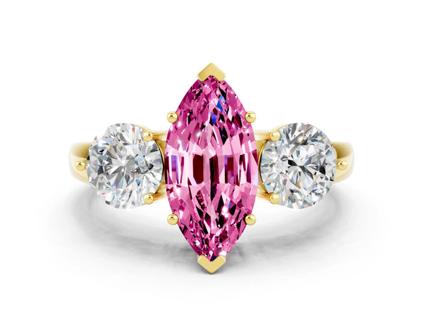 Yellow gold Marquise Cut Pink Sapphire Three-Stone Ring with Prong Setting and Classic Band