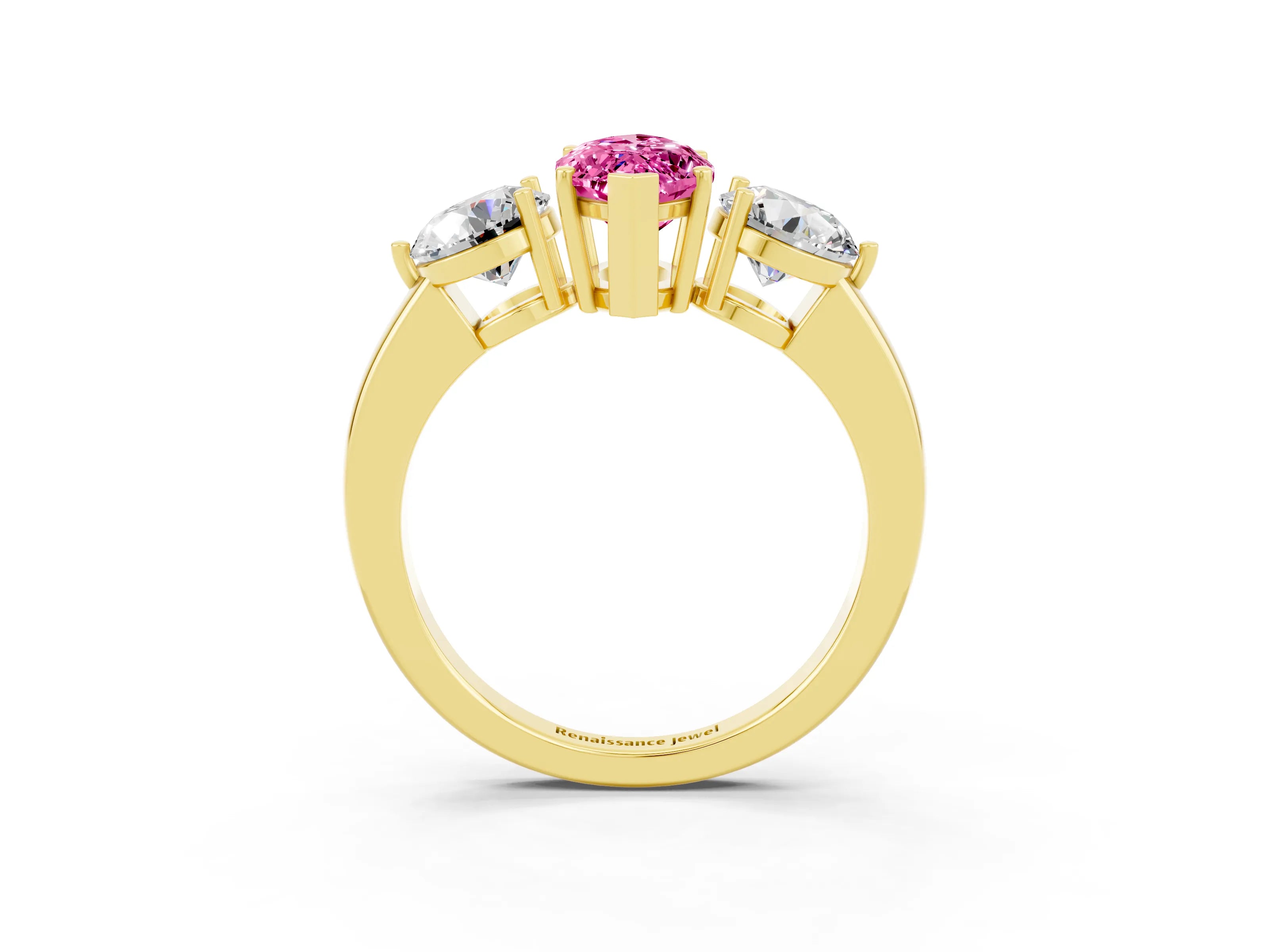 Yellow gold Marquise Cut Pink Sapphire Three-Stone Ring with Prong Setting and Classic Band_3