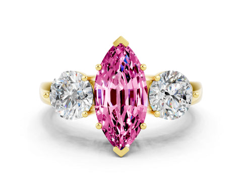 Yellow gold Marquise Cut Pink Sapphire Three-Stone Ring with Prong Setting and Classic Band