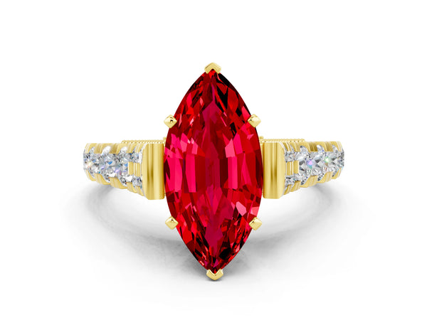 Yellow gold Marquise Cut Ruby Classic Solitaire Ring with Pavé Band and Four-Prong Setting