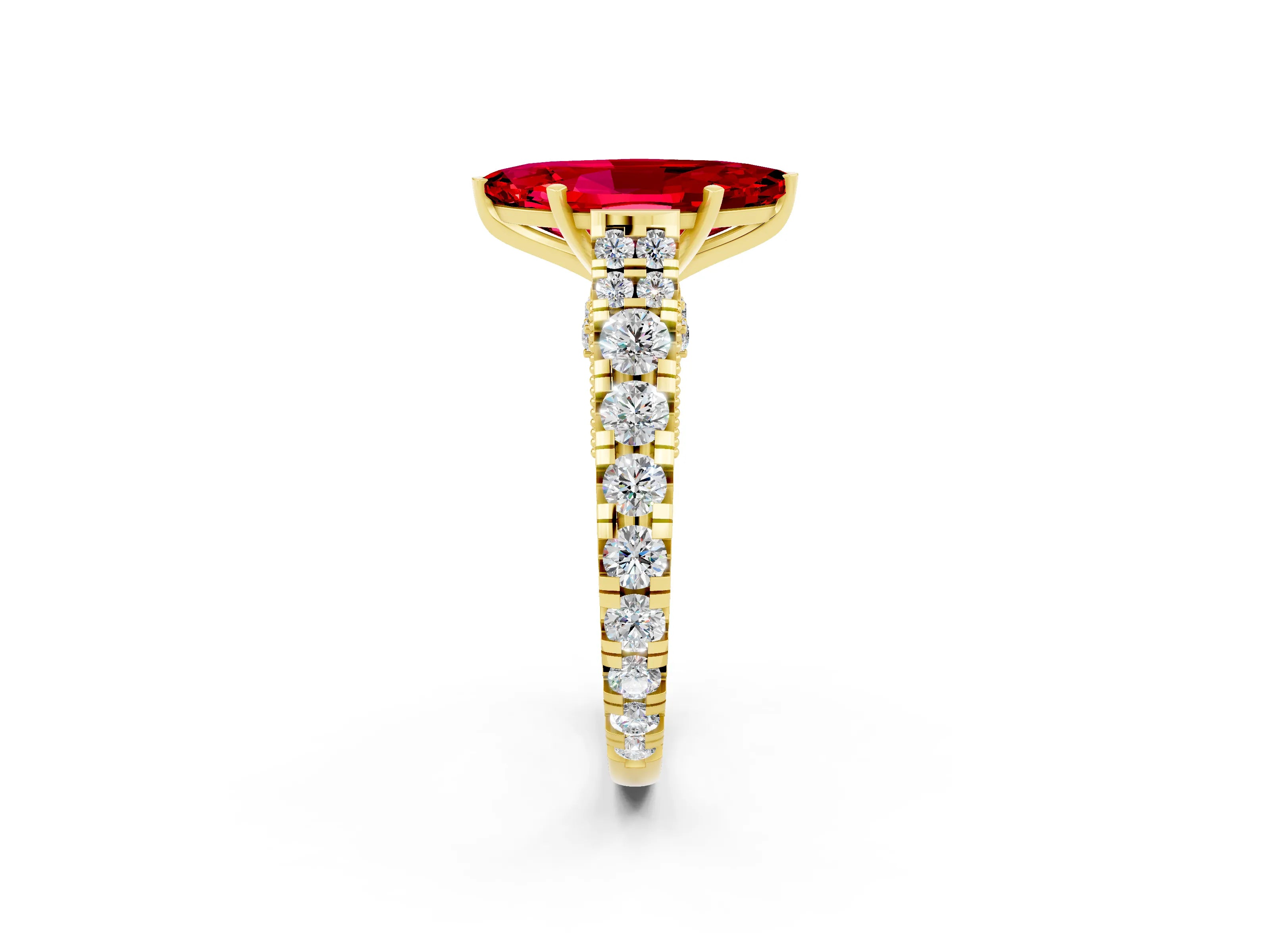 Yellow gold Marquise Cut Ruby Classic Solitaire Ring with Pavé Band and Four-Prong Setting_2