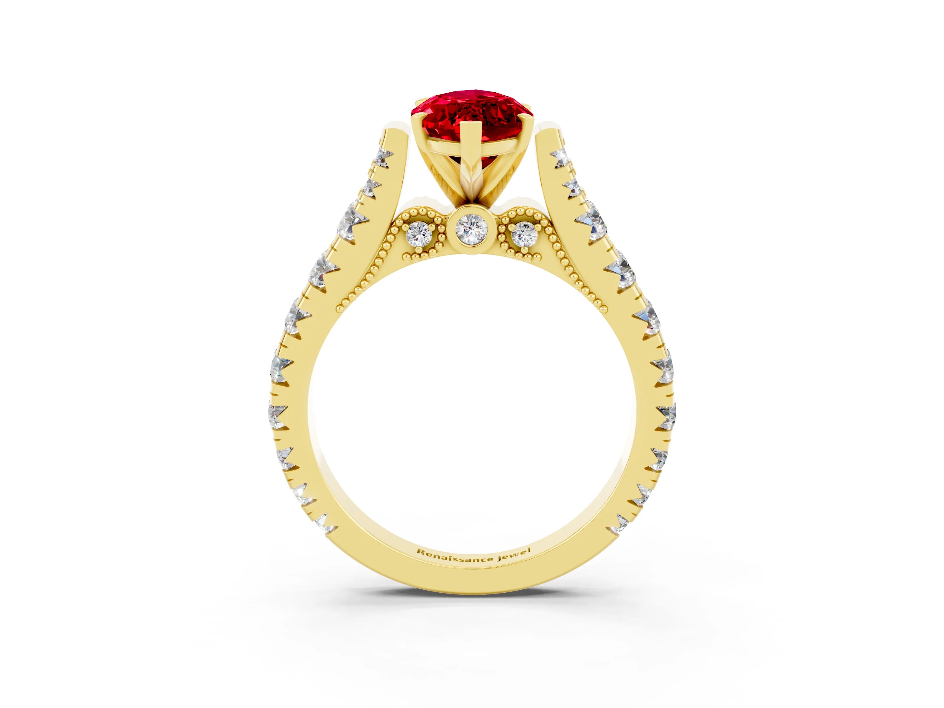 Yellow gold Marquise Cut Ruby Classic Solitaire Ring with Pavé Band and Four-Prong Setting_3