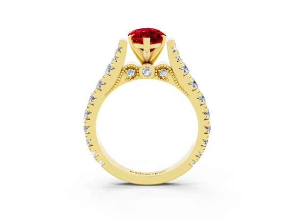 Yellow gold Marquise Cut Ruby Classic Solitaire Ring with Pavé Band and Four-Prong Setting