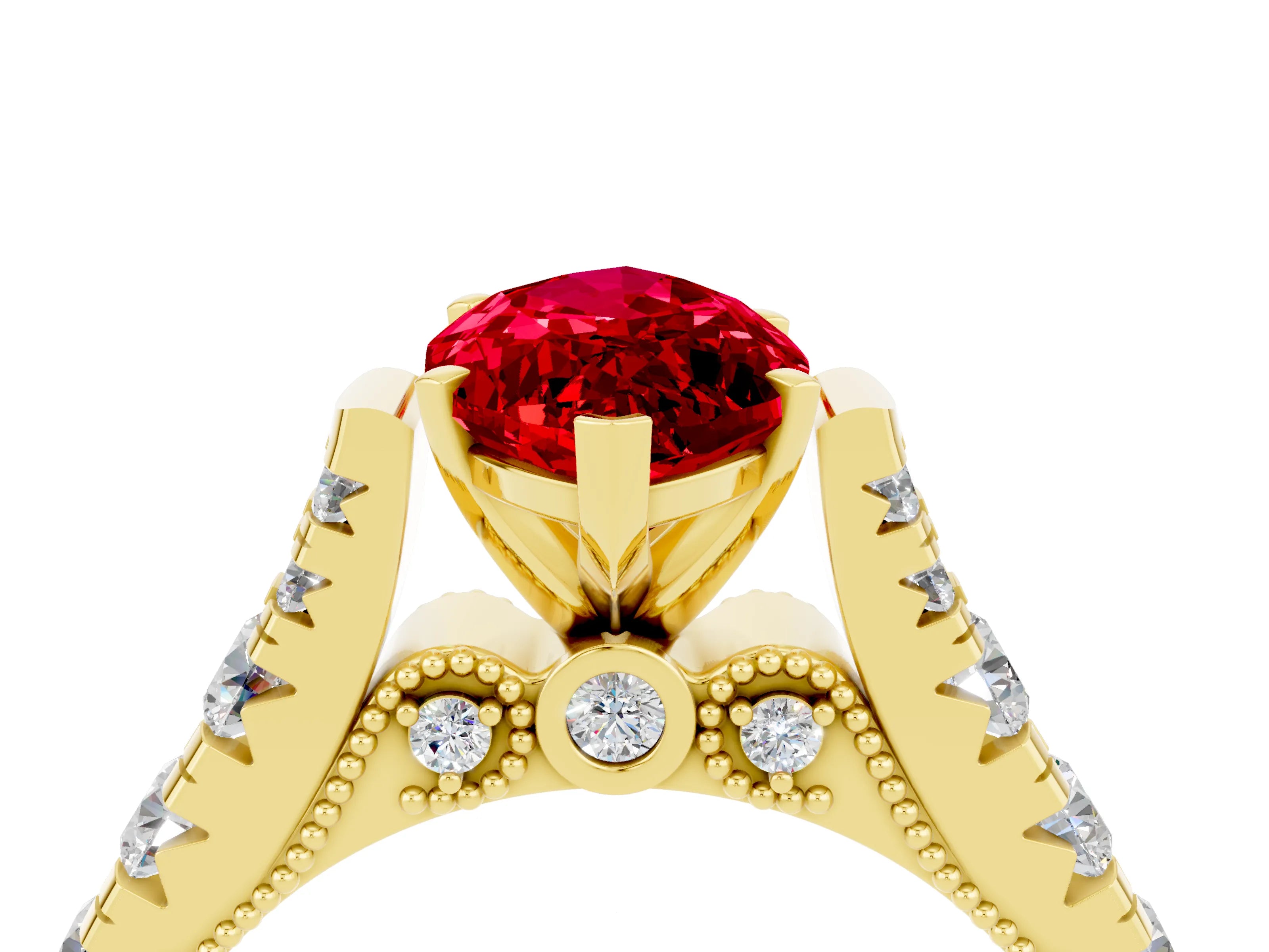 Yellow gold Marquise Cut Ruby Classic Solitaire Ring with Pavé Band and Four-Prong Setting_4