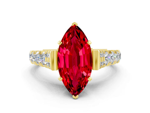 Yellow gold Marquise Cut Ruby Classic Solitaire Ring with Pavé Band and Four-Prong Setting
