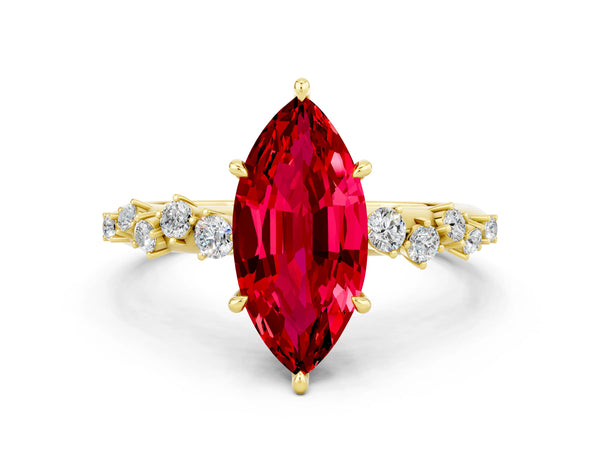 Yellow gold Marquise Cut Ruby Cluster Side Stone Solitaire Ring with Prong Setting