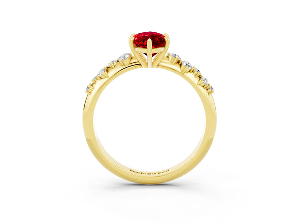 Yellow gold Marquise Cut Ruby Cluster Side Stone Solitaire Ring with Prong Setting