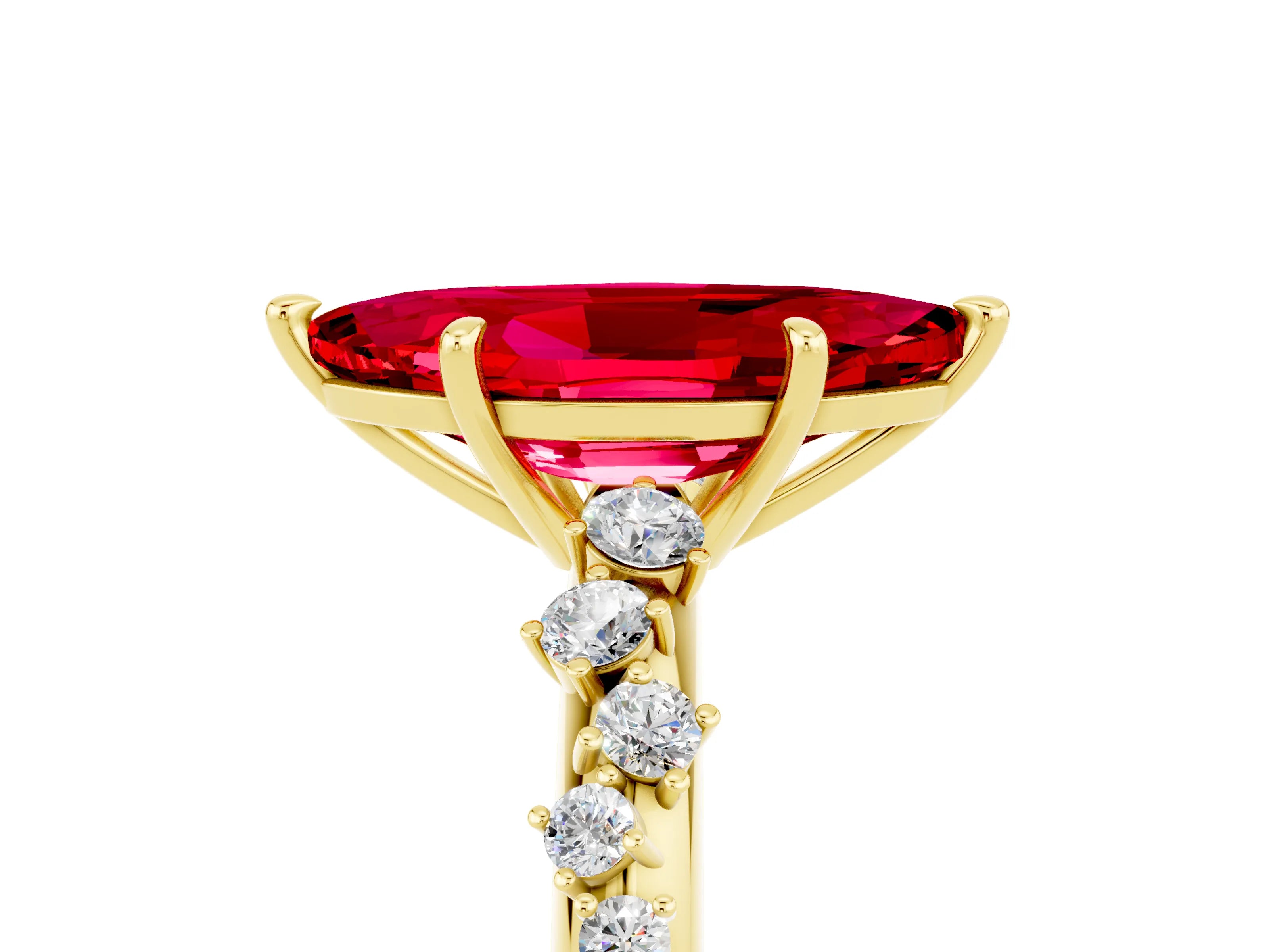 Yellow gold Marquise Cut Ruby Cluster Side Stone Solitaire Ring with Prong Setting_29