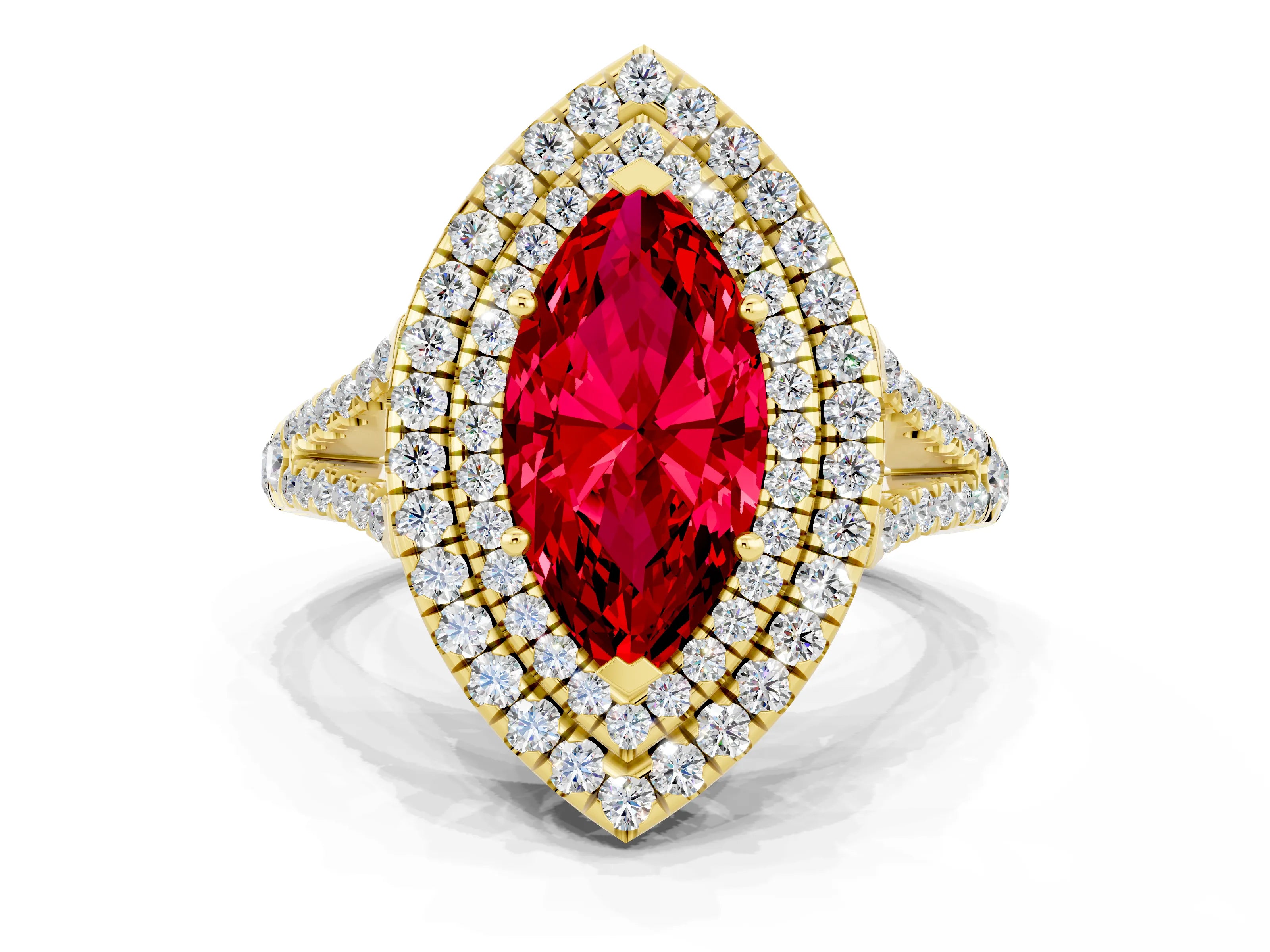 Yellow gold Marquise Cut Ruby Double Halo Ring with Pavé Band and Prong Setting_12