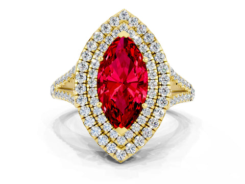 Yellow gold Marquise Cut Ruby Double Halo Ring with Pavé Band and Prong Setting_12