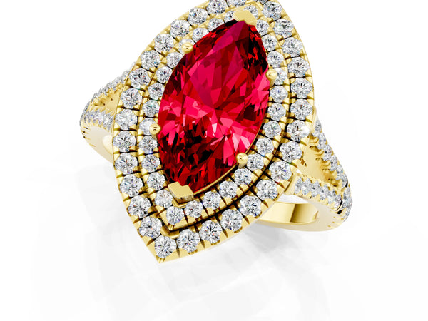 Yellow gold Marquise Cut Ruby Double Halo Ring with Pavé Band and Prong Setting