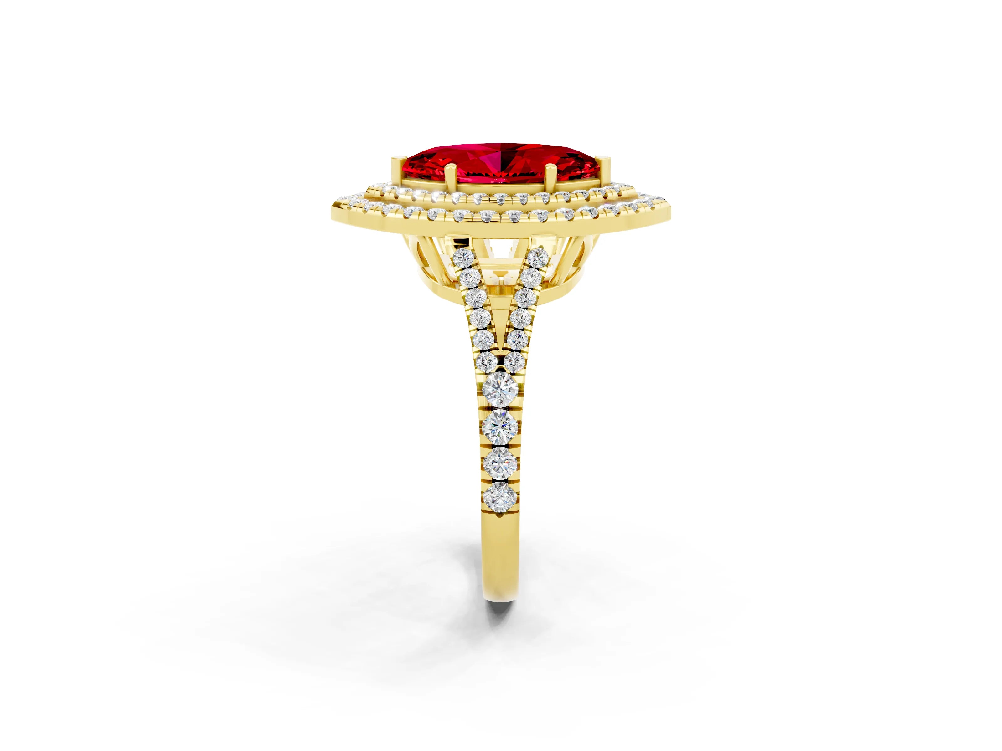 Yellow gold Marquise Cut Ruby Double Halo Ring with Pavé Band and Prong Setting_14