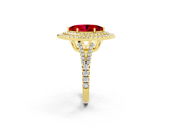 Yellow gold Marquise Cut Ruby Double Halo Ring with Pavé Band and Prong Setting