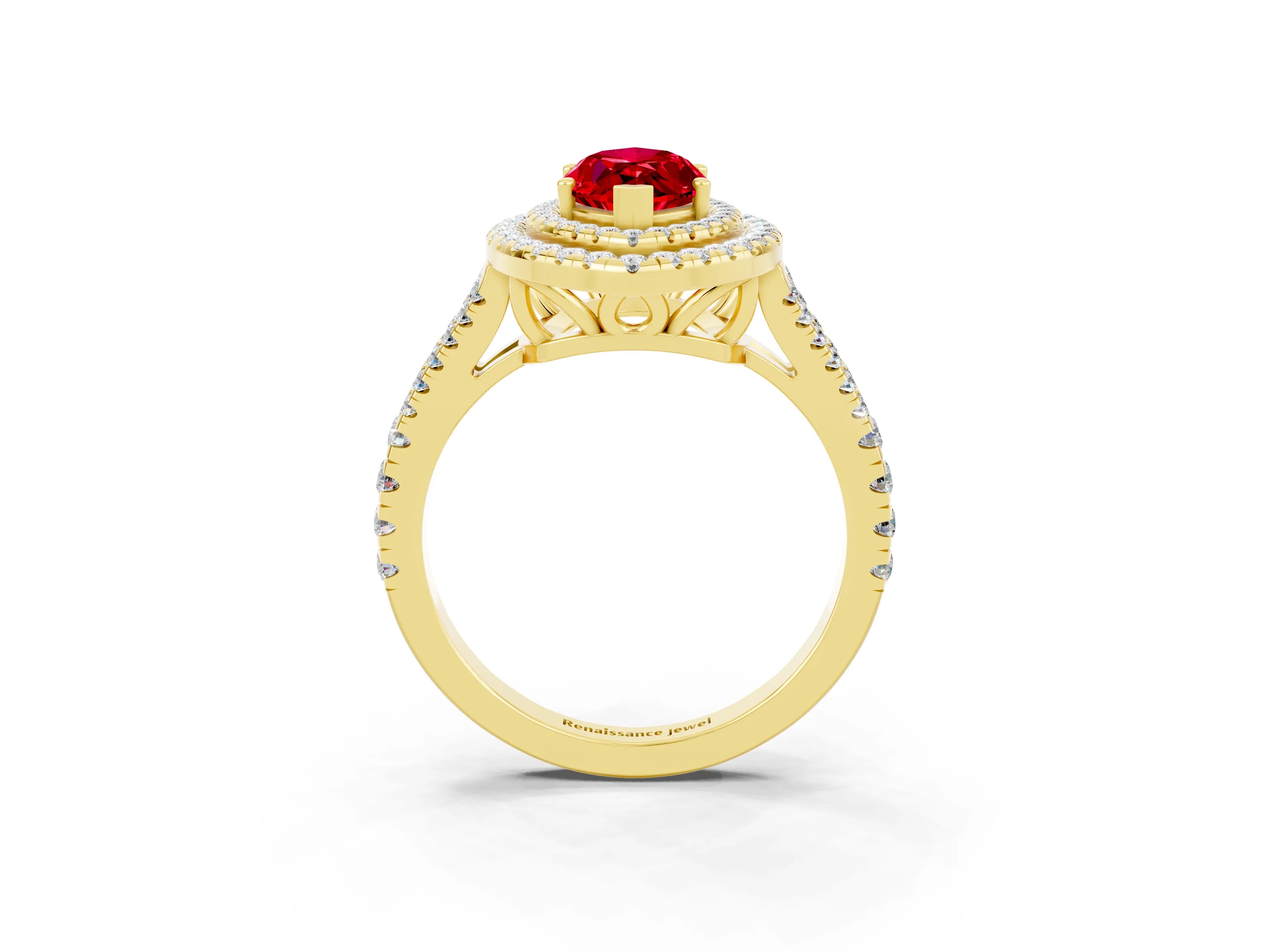 Yellow gold Marquise Cut Ruby Double Halo Ring with Pavé Band and Prong Setting_15