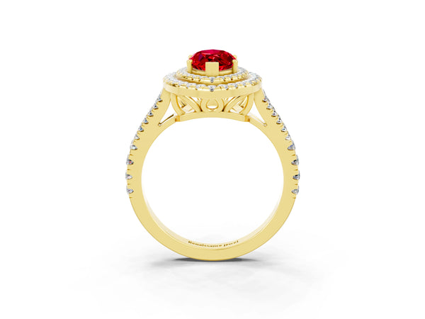 Yellow gold Marquise Cut Ruby Double Halo Ring with Pavé Band and Prong Setting