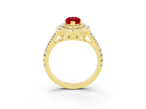 Yellow gold Marquise Cut Ruby Double Halo Ring with Pavé Band and Prong Setting_15