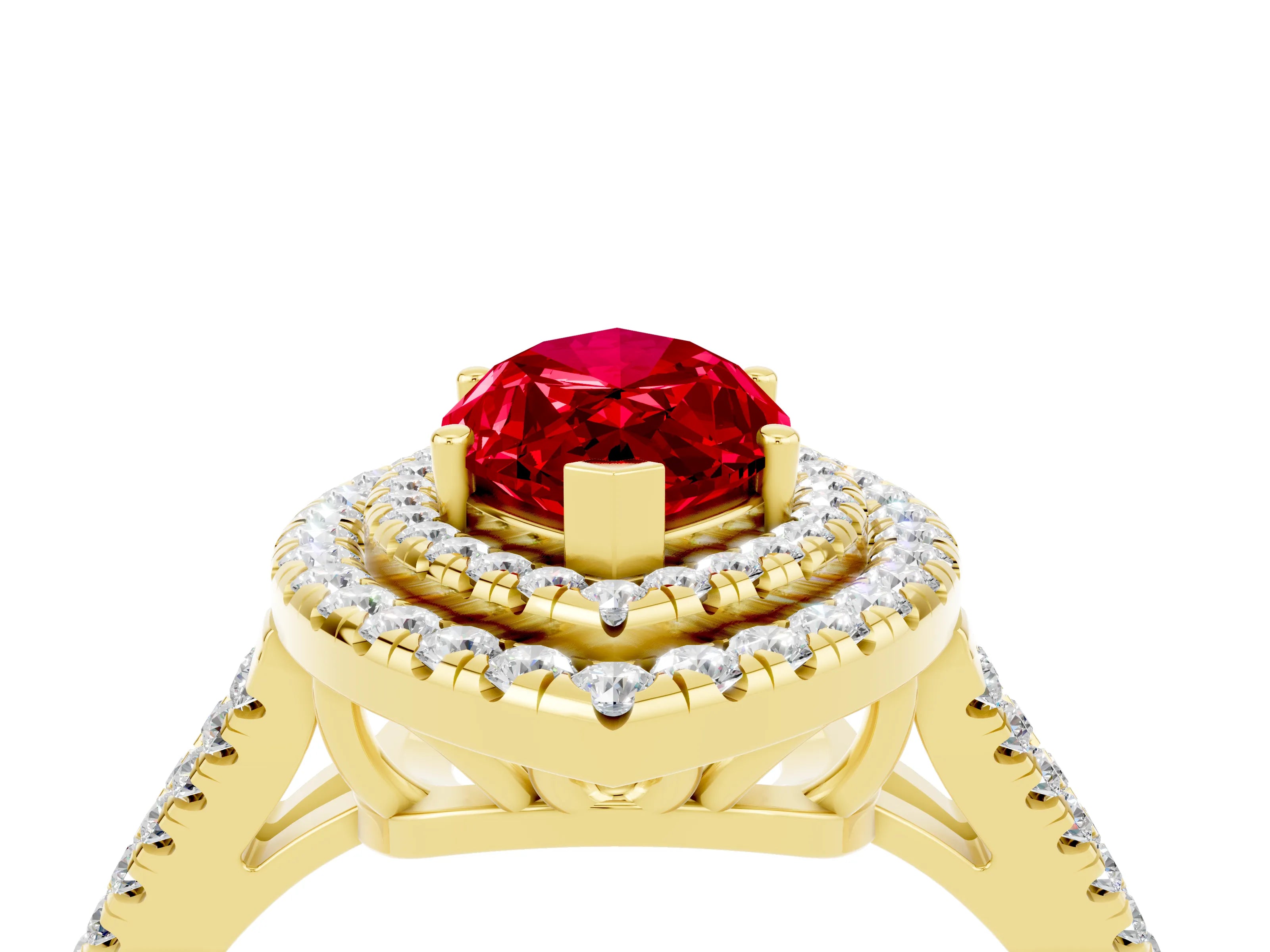 Yellow gold Marquise Cut Ruby Double Halo Ring with Pavé Band and Prong Setting_16