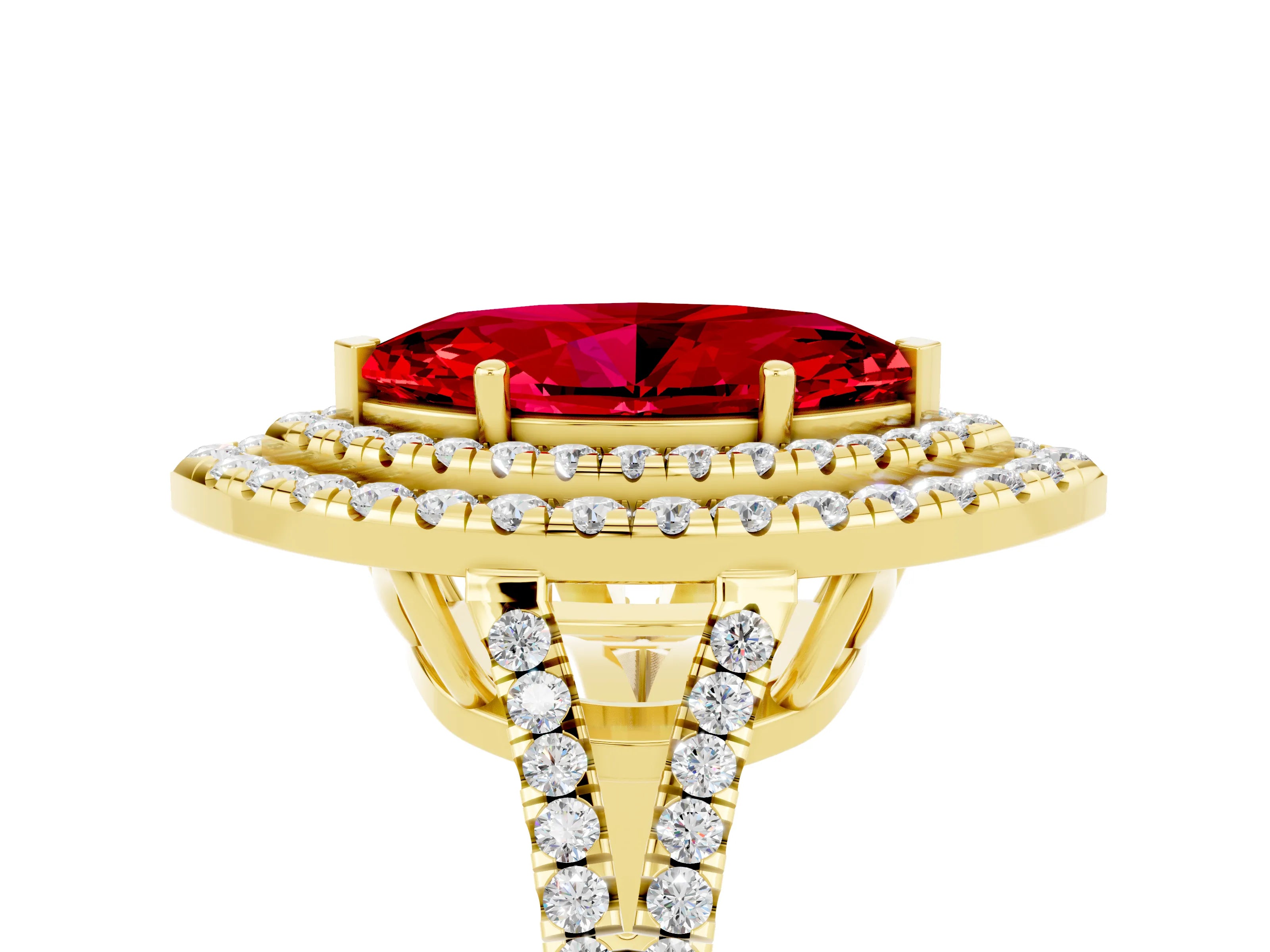 Yellow gold Marquise Cut Ruby Double Halo Ring with Pavé Band and Prong Setting_17