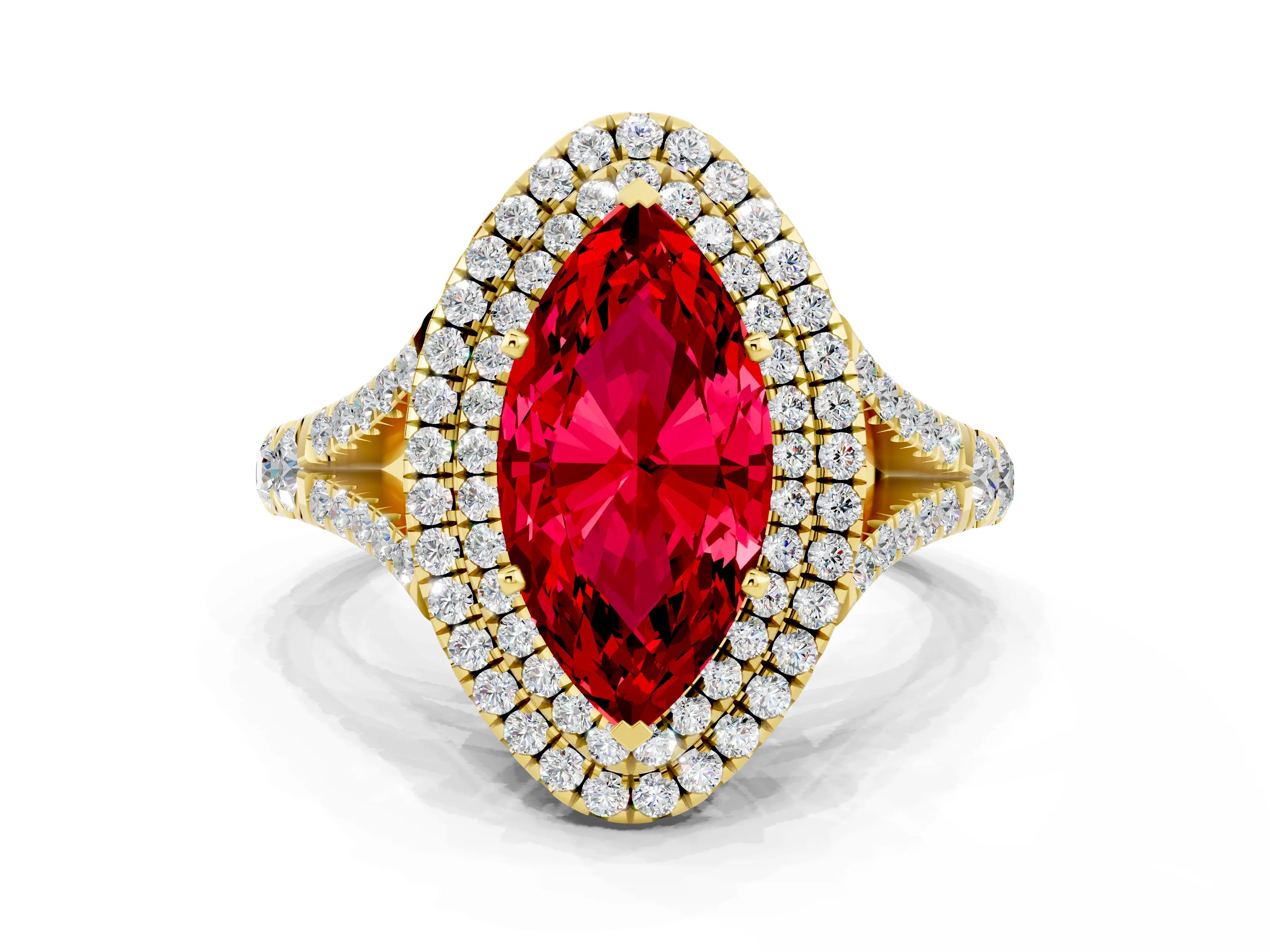Yellow gold Marquise Cut Ruby Double Halo Ring with Split Shank and Prong Setting_12