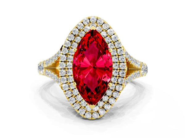 Yellow gold Marquise Cut Ruby Double Halo Ring with Split Shank and Prong Setting