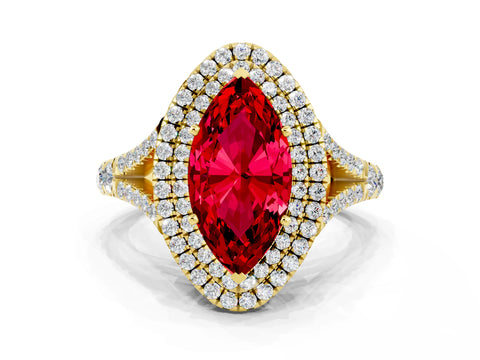 Yellow gold Marquise Cut Ruby Double Halo Ring with Split Shank and Prong Setting_12