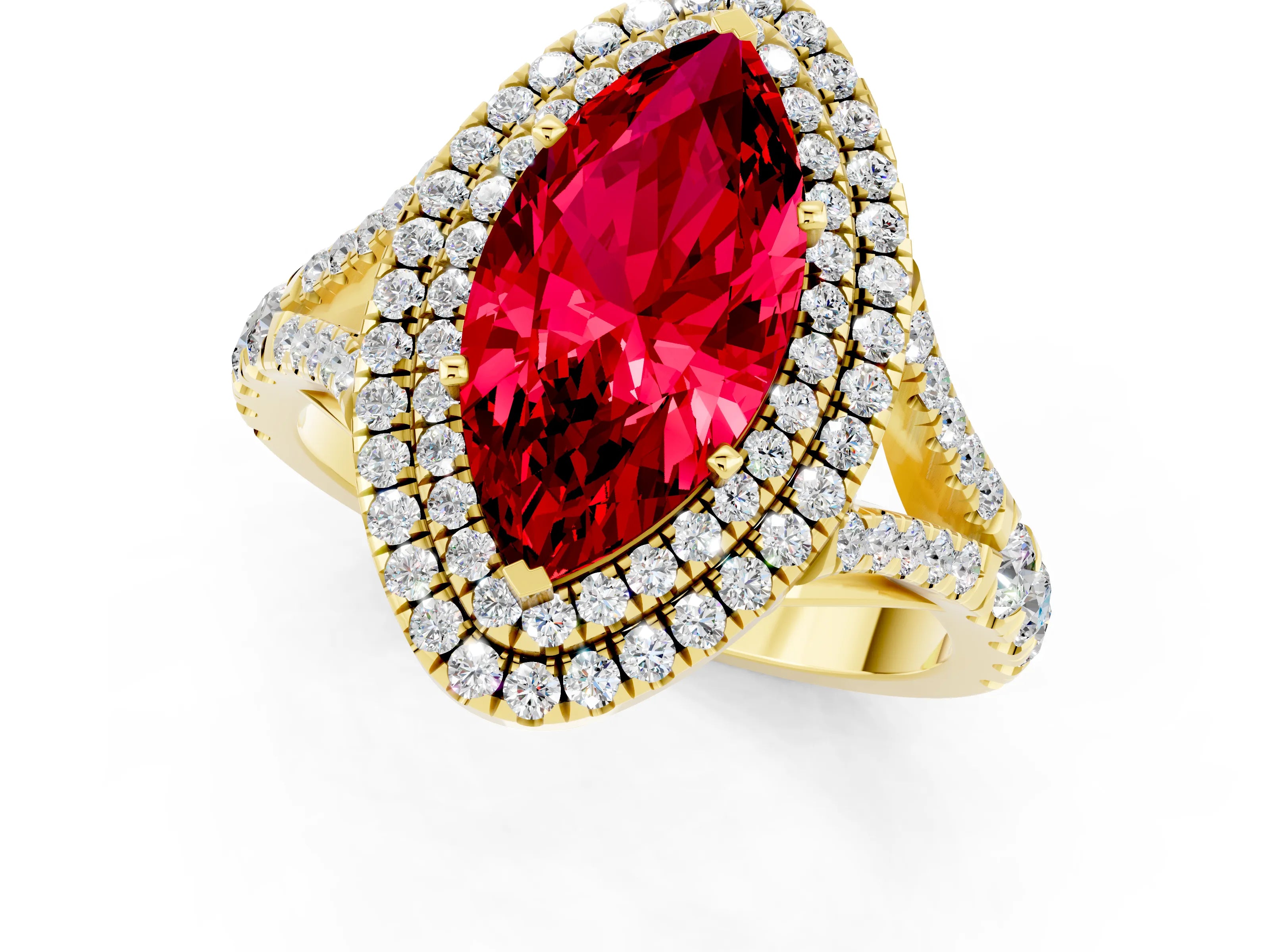 Yellow gold Marquise Cut Ruby Double Halo Ring with Split Shank and Prong Setting_13