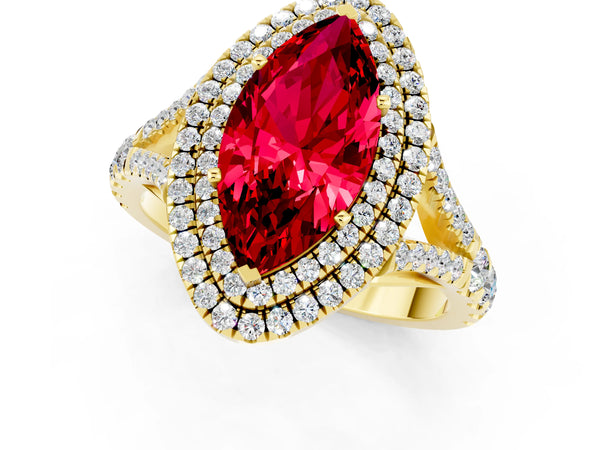Yellow gold Marquise Cut Ruby Double Halo Ring with Split Shank and Prong Setting