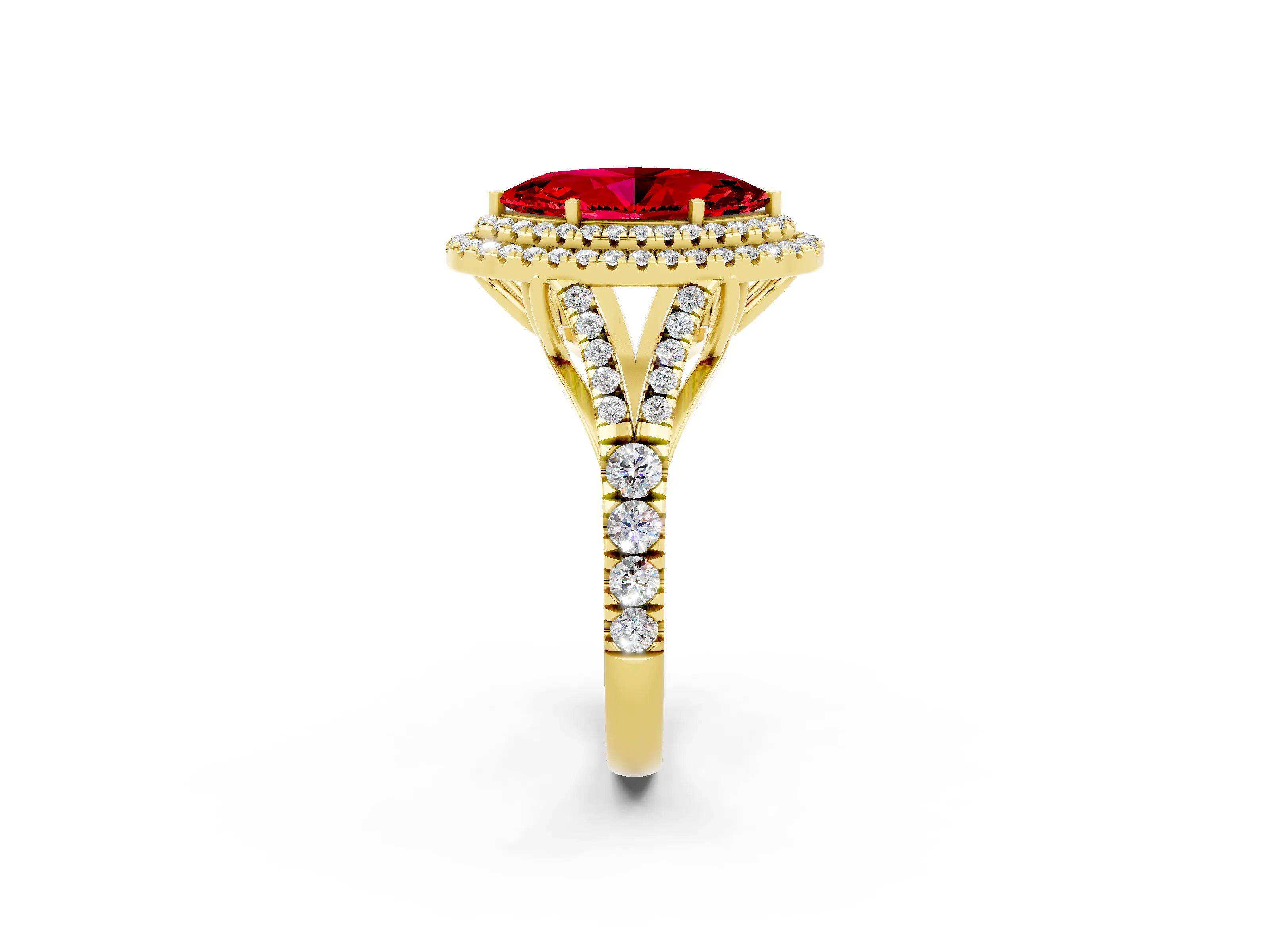 Yellow gold Marquise Cut Ruby Double Halo Ring with Split Shank and Prong Setting_14