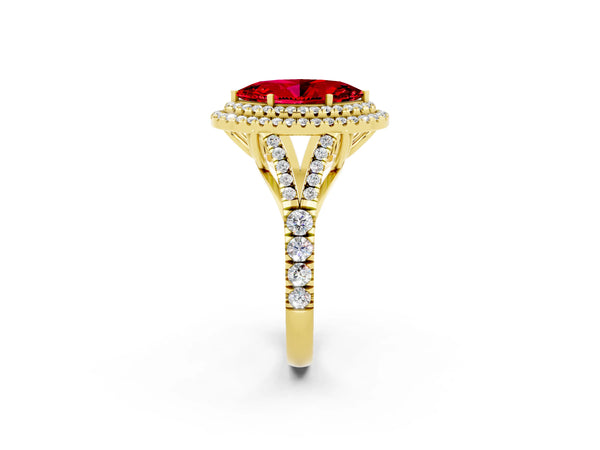 Yellow gold Marquise Cut Ruby Double Halo Ring with Split Shank and Prong Setting