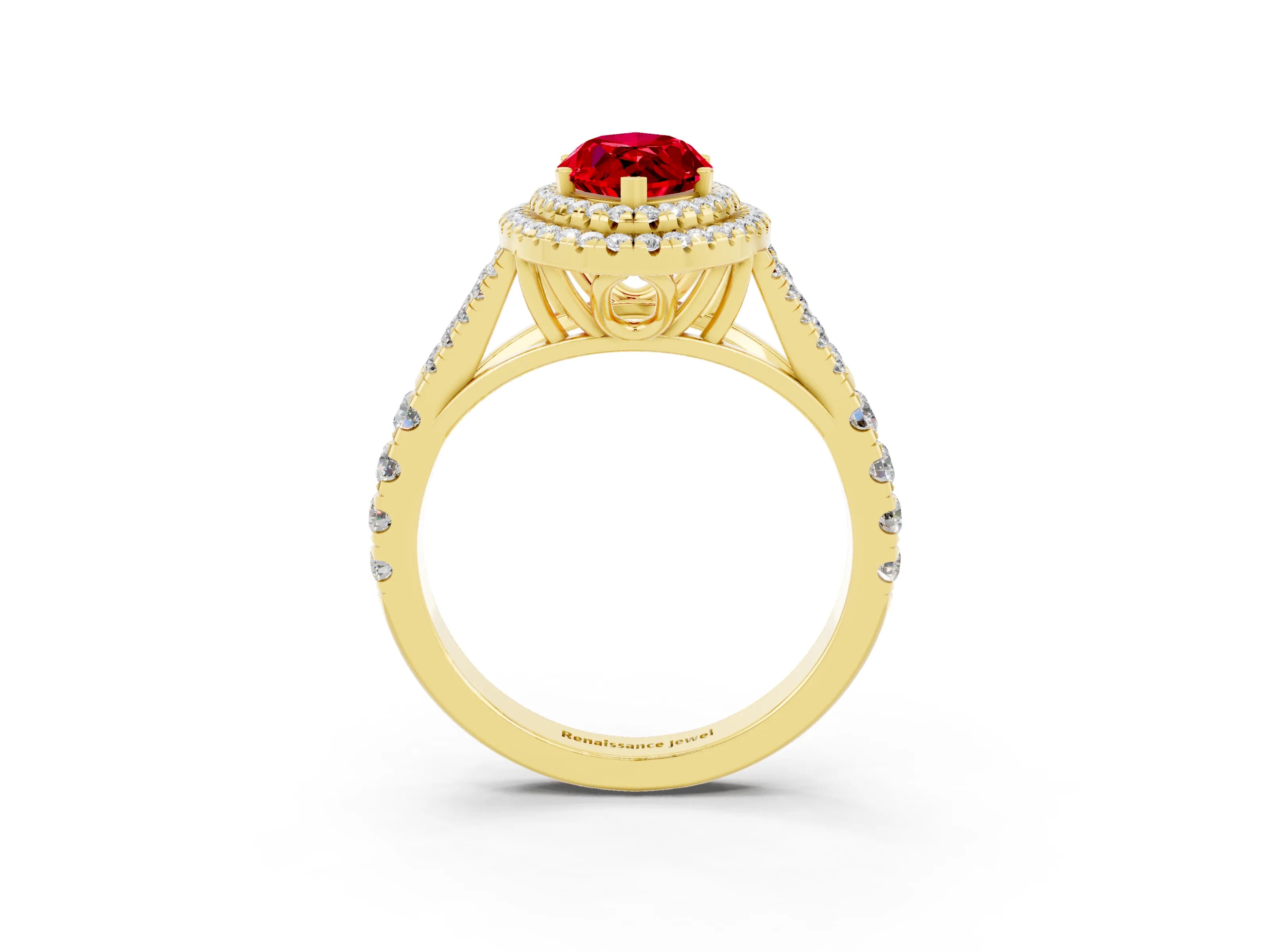 Yellow gold Marquise Cut Ruby Double Halo Ring with Split Shank and Prong Setting_15