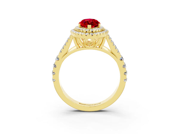 Yellow gold Marquise Cut Ruby Double Halo Ring with Split Shank and Prong Setting