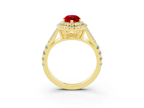 Yellow gold Marquise Cut Ruby Double Halo Ring with Split Shank and Prong Setting_15