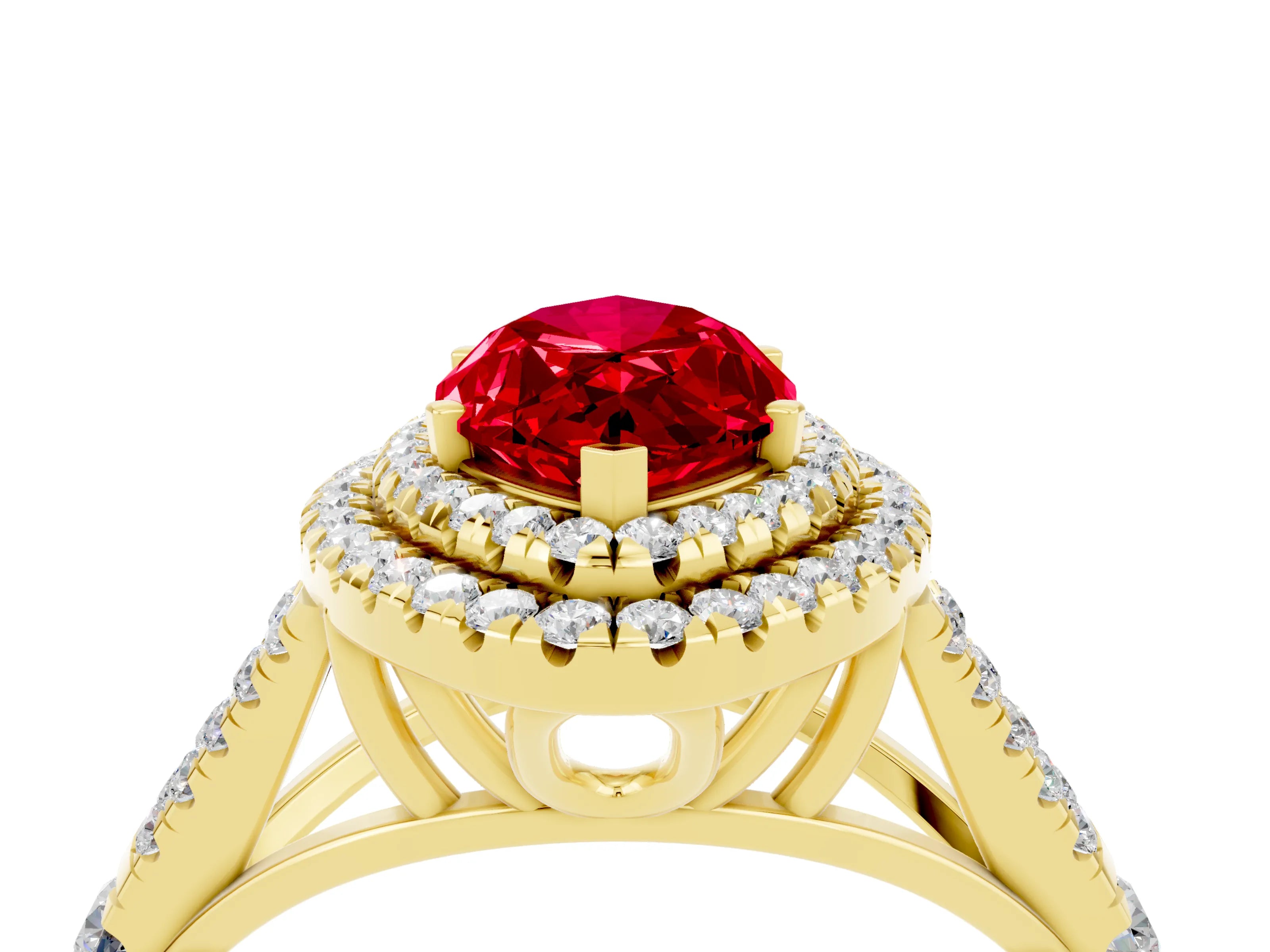 Yellow gold Marquise Cut Ruby Double Halo Ring with Split Shank and Prong Setting_16