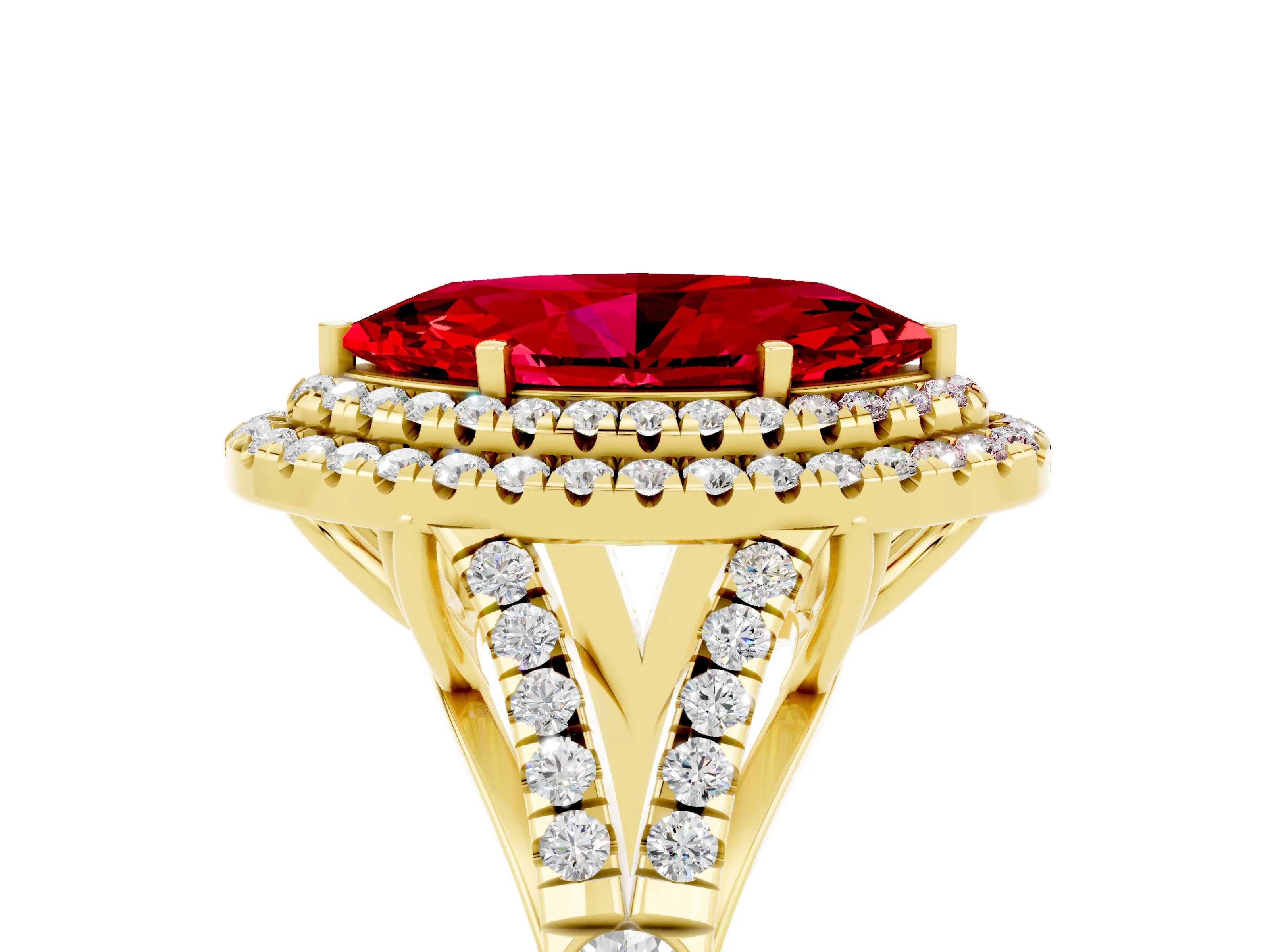 Yellow gold Marquise Cut Ruby Double Halo Ring with Split Shank and Prong Setting_17