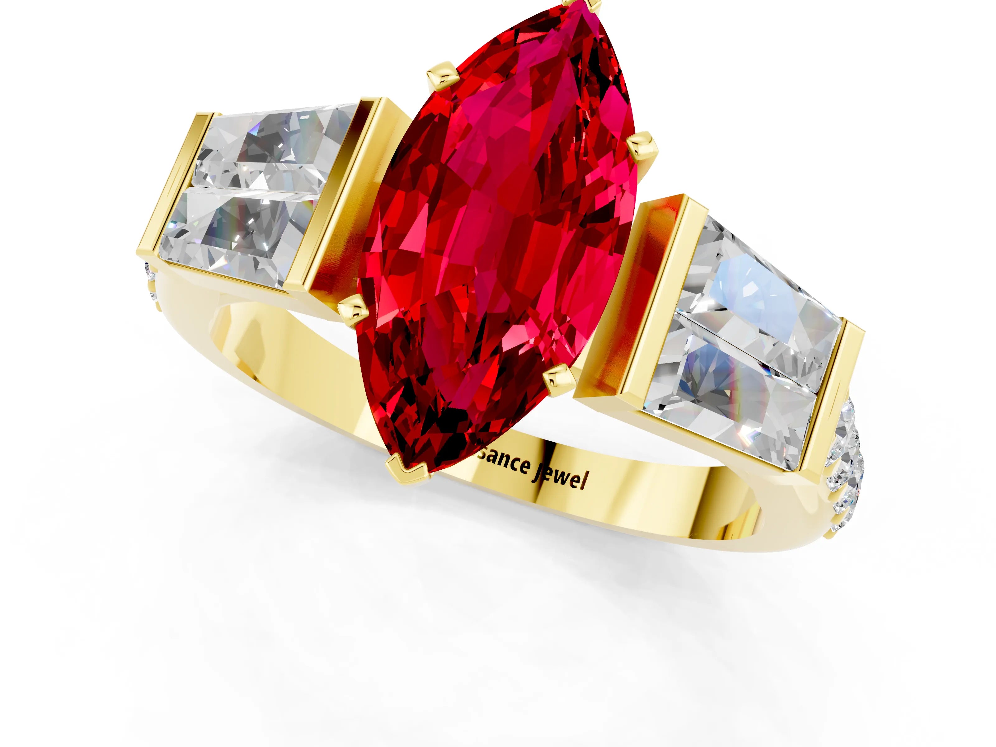 Yellow gold Marquise Cut Ruby Engagement Ring with Baguette Side Stones and Channel Set Band_1