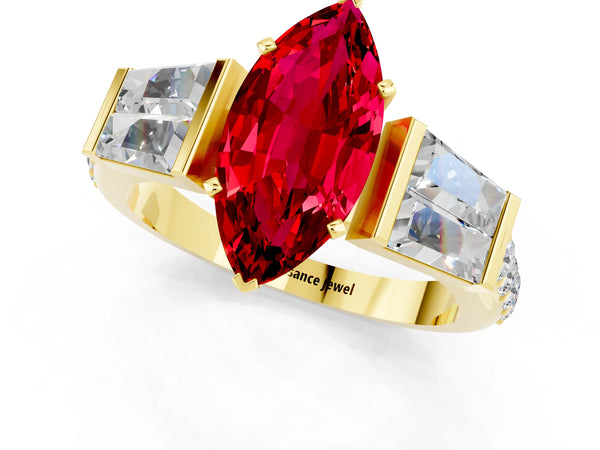 Yellow gold Marquise Cut Ruby Engagement Ring with Baguette Side Stones and Channel Set Band
