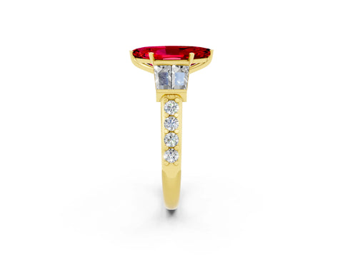 Yellow gold Marquise Cut Ruby Engagement Ring with Baguette Side Stones and Channel Set Band_2