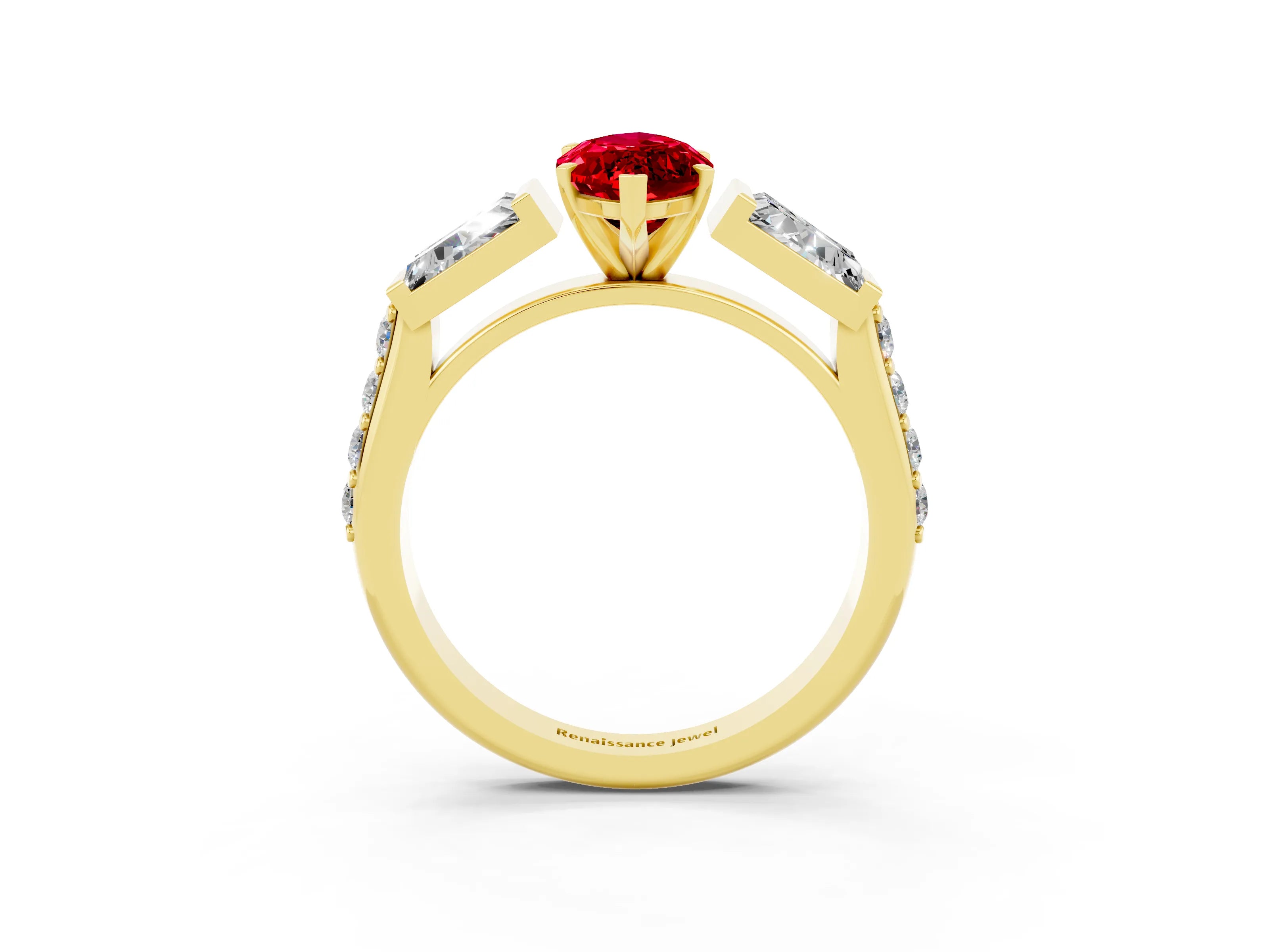 Yellow gold Marquise Cut Ruby Engagement Ring with Baguette Side Stones and Channel Set Band_3