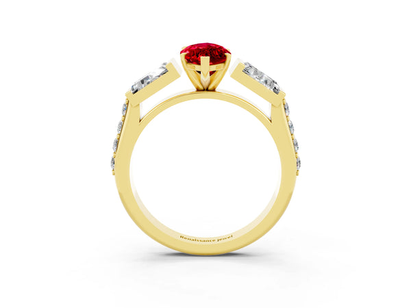 Yellow gold Marquise Cut Ruby Engagement Ring with Baguette Side Stones and Channel Set Band