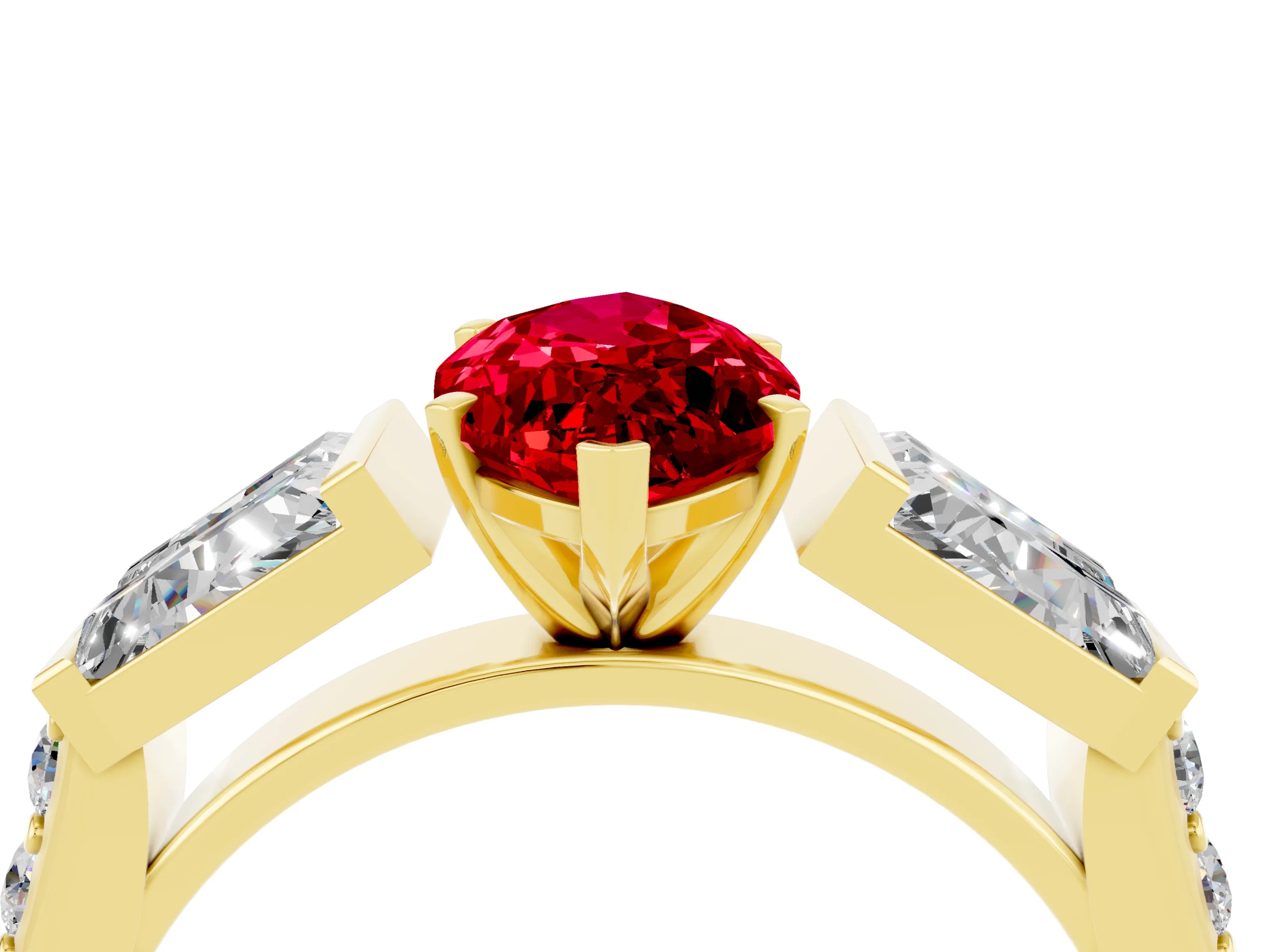 Yellow gold Marquise Cut Ruby Engagement Ring with Baguette Side Stones and Channel Set Band_4